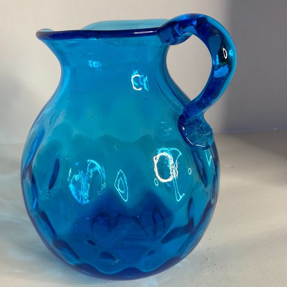 Vintage Blue Art Glass Pitcher With Coin Dot Design - Picture 5 of 7